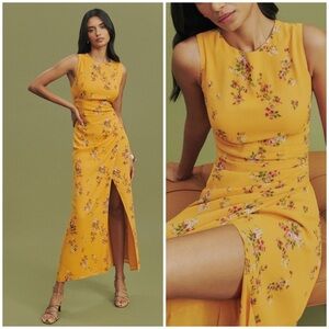 Reformation Ledger Maxi Dress Sancerre Yellow Floral with Slit High Neck